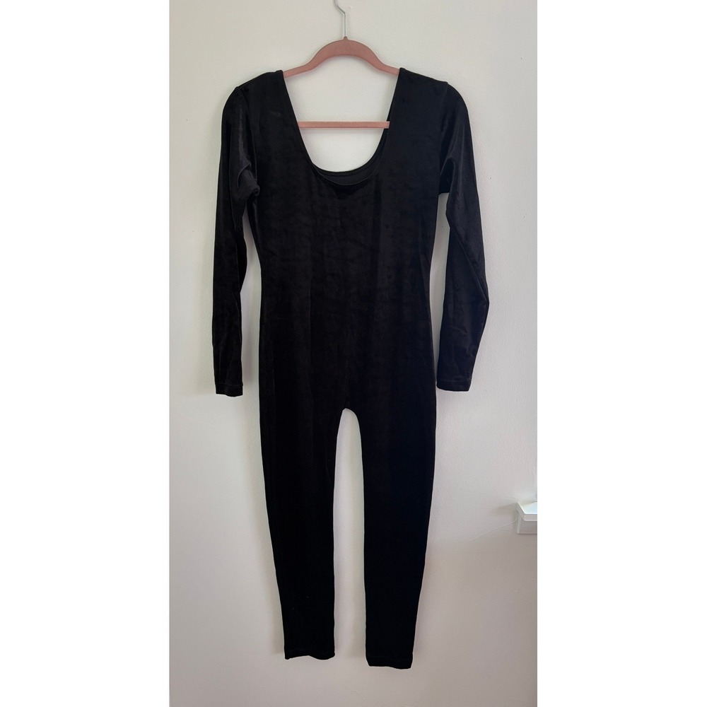 Vintage 90s Black Velvet Catsuit M Bodysuit Jumpsuit Boho Whimsigoth Goth - Picture 4 of 5